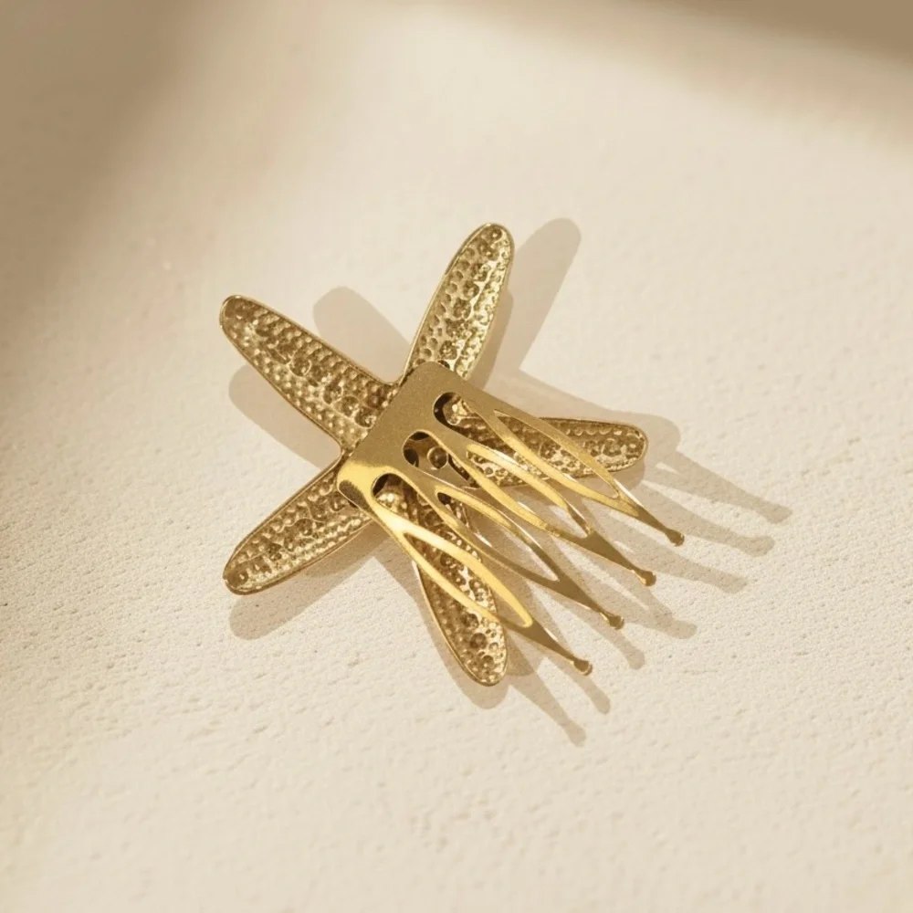 18K Gold Plated Stainless Steel Textured Starfish Coastal Hair Comb Waterproof